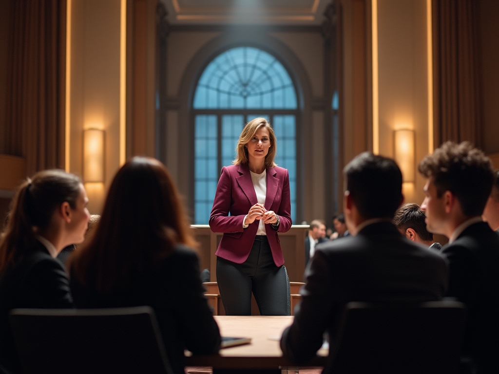 Leadership workshop with executives in semicircle arrangement