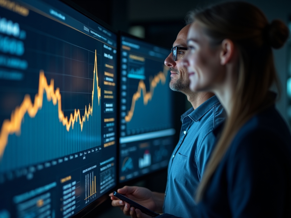 Executives analyzing team performance metrics on multiple screens
